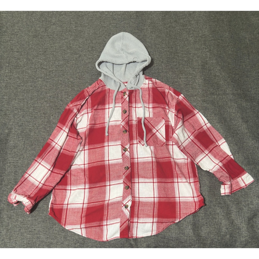 Maurices Womens 2XL Plaid Hooded Flannel Shirt Red White Waffle Knit Hood